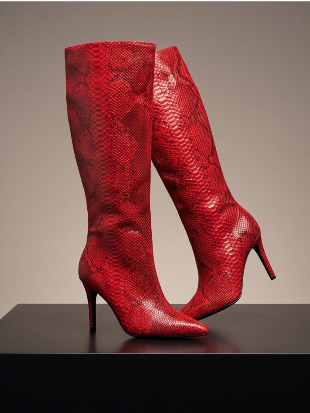 Faux Red Snake Print Knee High Boots